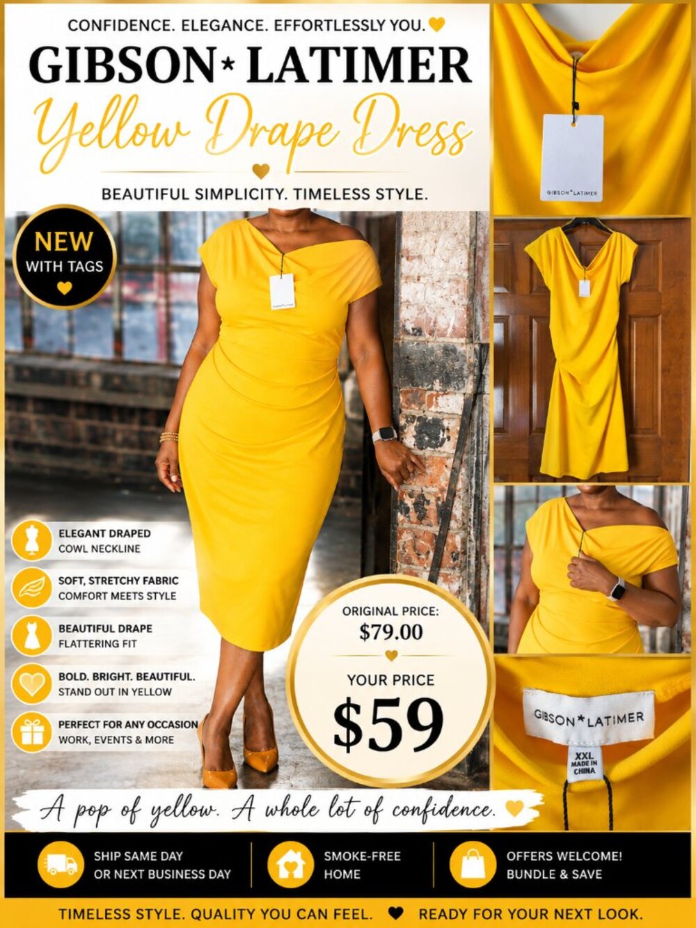 NWT Gibson Latimer Yellow Draped Midi Dress XXL | Off-Shoulder Dress